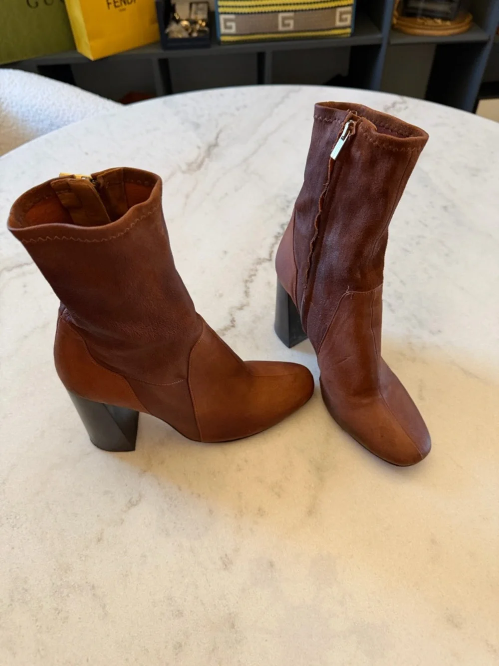 Brown Leather Ankle Boots Block Heel Pointed Toe Booties Chic Minimalist Style